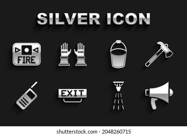 Set Fire exit, Firefighter axe, Megaphone, sprinkler, Walkie talkie, bucket, alarm system and gloves icon. Vector