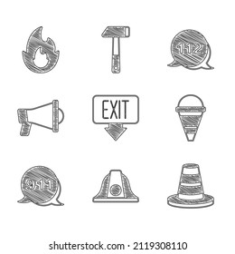 Set Fire exit, Firefighter helmet, Traffic cone, bucket, Emergency call 911, Megaphone,  and flame icon. Vector