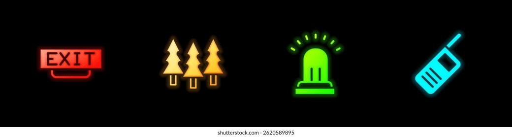 Set Fire exit, Forest, Ringing alarm bell and Walkie talkie icon. Vector