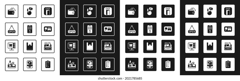 Set Fire exit, Hanging sign with Open, Wallet money, Identification badge, Supermarket food products price label, Cash register machine and Shopping cart computer icon. Vector