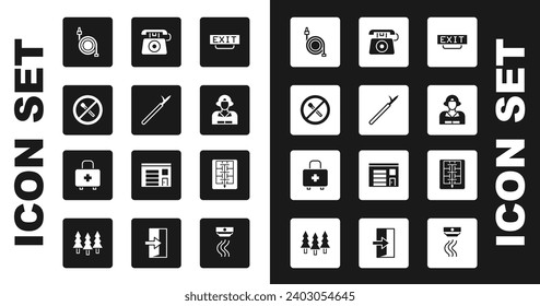 Set Fire exit, Metal pike pole, No fire match, hose reel, Firefighter, Telephone call 911, Evacuation plan and First aid kit icon. Vector