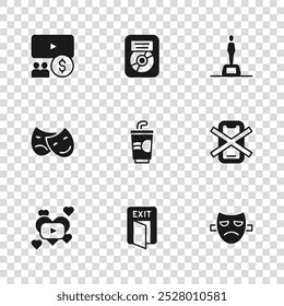 Set Fire exit, No cell phone, Drama theatrical mask, Paper glass with water, Movie trophy, Cinema auditorium screen, CD disk award frame and Comedy and tragedy masks icon. Vector