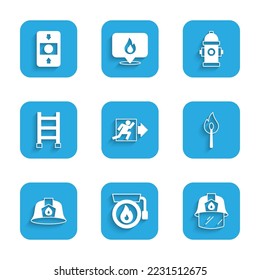 Set Fire exit, Ringing alarm bell, Firefighter helmet, Burning match with fire, escape, hydrant and system icon. Vector
