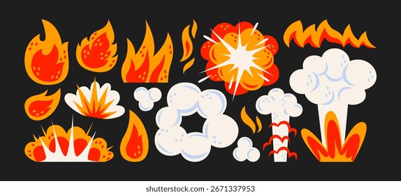 Set von Feuer- und Explosionssymbolen im Retro-Stil. Flammen, Explosionen, Rauchwolken, Funken und brennende Elemente. Cartoon Sammlung von dynamischen Effekten für Comics, Spiele, Action-Design. Vektorgrafiken