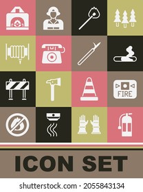 Set Fire extinguisher, alarm system, Cigarette, Burning match with fire, Telephone call 911, hose reel, Interior fireplace and Metal pike pole icon. Vector