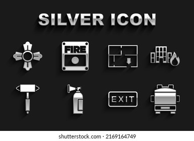 Set Fire extinguisher, burning buildings, truck, exit, Firefighter axe, Evacuation plan,  and alarm system icon. Vector