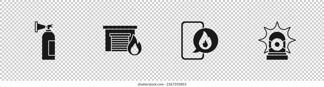 Ajuste extinguidor de incendios, garaje en llamas, teléfono con llamada de emergencia 911 e icono de sirena Flasher. Vector