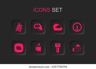 Ajuste extinguidor de incendios, espejo de coche, pista de carreras, tecla con mando a distancia, velocímetro, casco e icono. Vector