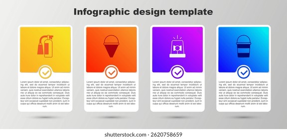 Set Fire extinguisher, cone bucket, Flasher siren and . Business infographic template. Vector