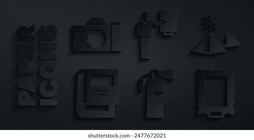 Set Fire extinguisher, Egypt pyramids, History book, Picture, Museum guide and Photo camera icon. Vector