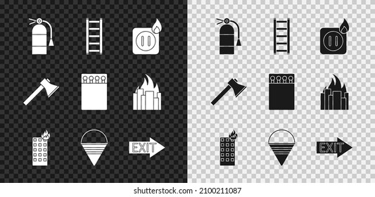 Set Fire extinguisher, escape, Electric wiring of socket fire, burning building, cone bucket, exit, Firefighter axe and Open matchbox and matches icon. Vector