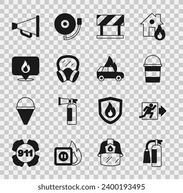 Set Fire extinguisher, exit, bucket, Road barrier, Gas mask, Location with fire flame, Megaphone and Burning car icon. Vector