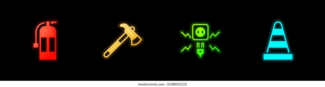 Establecer el extintor, el hacha del bombero, la chispa de la electricidad y el icono del cono del tráfico. Vector