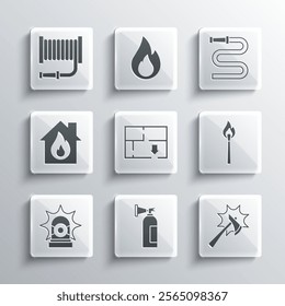 Set Fire extinguisher, Firefighter axe, Burning match with fire, Evacuation plan, Flasher siren, burning house, hose reel and  icon. Vector