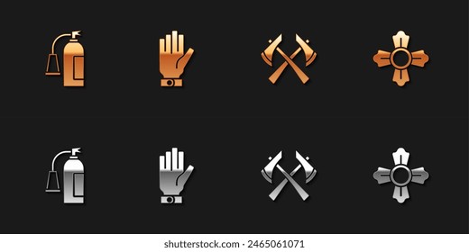 Set Fire extinguisher, Firefighter gloves, axe and  icon. Vector