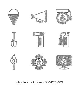 Set Fire extinguisher, Firefighter, Location with fire flame, Burning match, shovel, Ringing alarm bell and cone bucket icon. Vector