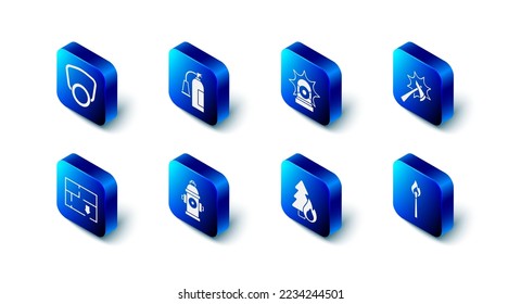 Set Fire extinguisher, Flasher siren, Firefighter axe, Burning match with fire, forest tree, hydrant, Evacuation plan and Gas mask icon. Vector