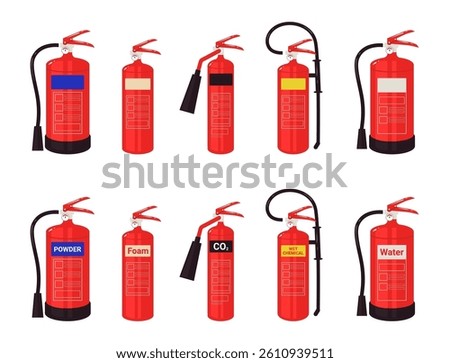 Set of fire extinguisher illustration. Fire extinguisher types. Firefighter equipment vector.