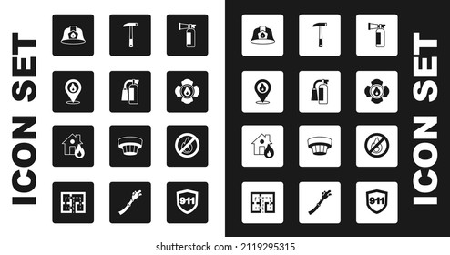 Set Fire extinguisher, Location with fire flame, Firefighter helmet, axe, No and burning house icon. Vector