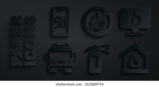 Set Fire extinguisher, Location with fire flame, truck, burning house, No and Mobile emergency call 911 icon. Vector