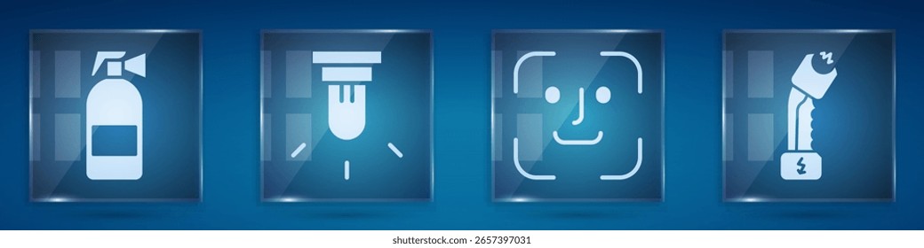 Set Feuerlöscher, Bewegungsmelder, Gesichtserkennung und Elektroschocker der Polizei. Quadratische Glasplatten. Vektorgrafik