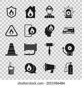 Set Fire extinguisher, Ringing alarm bell, truck, Firefighter, Phone with emergency call 911, flame triangle, protection shield and  icon. Vector