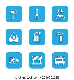 Set Fire extinguisher, Road barrier, truck, exit, Burning car, Firefighter and axe icon. Vector