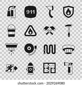 Set Fire extinguisher, Smoke alarm system, Firefighter axe, flame triangle, bucket,  and  icon. Vector