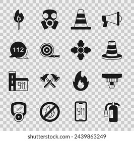 Set Fire extinguisher, Smoke alarm system, Traffic cone, hose reel, Emergency call, Burning match with fire and Firefighter icon. Vector