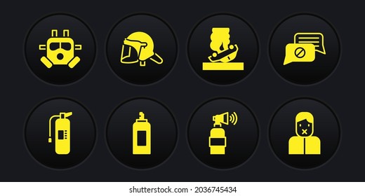 Set Fire extinguisher, Speech bubble chat, Paint spray can, Air horn, Burning car, Police helmet, Censor and freedom of speech and Gas mask icon. Vector