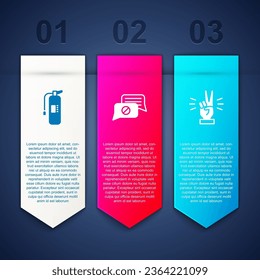 Set Feuerlöscher, Sprechblase Chat und Hand mit zwei Finger. Infografik-Vorlage für Unternehmen. Vektorgrafik