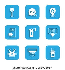 Set Fire extinguisher, sprinkler system, Walkie talkie, exit, hydrant, Location with fire flame and shovel icon. Vector