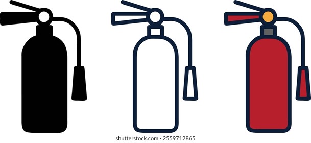 A set of fire extinguishers in different sizes and designs.