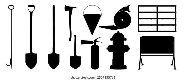 Set of fire extinguishing equipment icons. extinguisher, shovel, Firefighters axe, bucket, fire harpoon, fire hose reel, fire hydrant, Tools used by firefighters for extinguishing flames