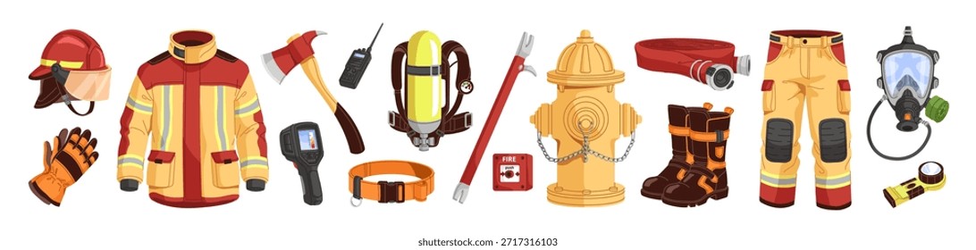 Conjunto de elementos de extinción de incendios. Herramientas y disfraces de bomberos para la extinción de incendios. Equipo de extintores para rescatar: hacha, manguera, gancho, hidrante. Ilustraciones vectoriales aisladas planas sobre fondo blanco