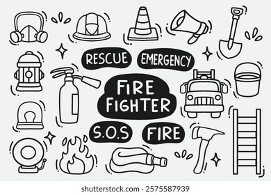 set of fire fighter doodle good for wallpaper, background, element design, icon, etc