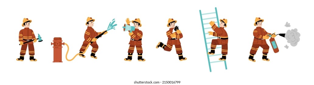 Set of fire fighters kid in uniform fighting with blaze. Boy fireman holding ladder, extinguisher, water hose and axe. Child character save kitten, yell to loudspeaker Linear flat vector illustration