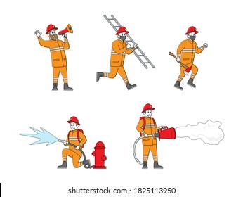 Set of Fire Fighters Male Characters in Uniform Holding Ladder, Spraying Water from Hose. Group of Firemen Fighting with Blaze Working as Team Fight with Big Fire. Linear People Vector Illustration