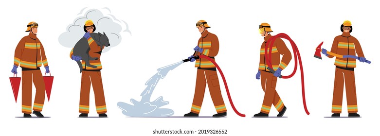 Juego de personajes masculinos de bomberos con uniforme sosteniendo cubos, ahorrando perro y hacha, rociando agua de la manguera. Grupo de bomberos luchando con Blaze trabajando como equipo. Ilustración de vectores de personas de caricatura