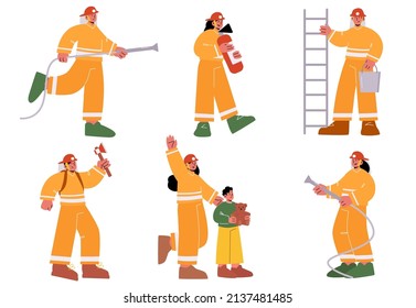 Set Of Fire Fighters Male And Female Characters In Uniform Holding Ladder, Water Hose, Buckets And Axe. Group Of Firemen Team Working, Fighting With Blaze, Save Kid. Linear People Vector Illustration