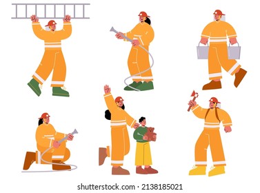 Set Of Fire Fighters Male And Female Characters In Uniform Holding Ladder, Water Hose, Buckets And Axe. Group Of Firemen Team Working, Fighting With Blaze, Save Kid. Linear People Vector Illustration