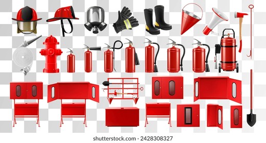 Set of fire fighting equipment, including protective gloves, boots, stands, shovel, axe, hydrant, helmet, hose, fire bucket, extinguisher, gas mask isolated on white background. Realistic 3d vector