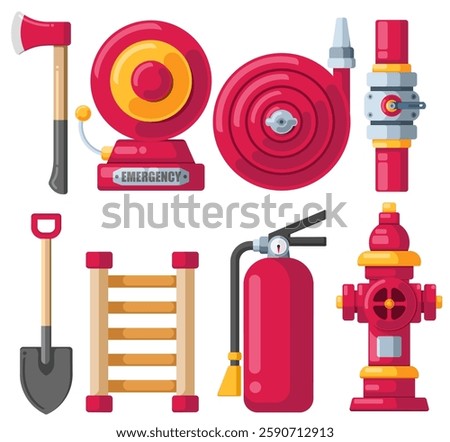 Set of fire fighting equipment on white background. Axe and hydrant, fire alarm, shovel, Ladder, pipeline, fire extinguisher. flat design style