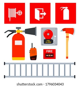 Conjunto de equipos de lucha contra incendios y señales que indican su ubicación, ilustración vectorial