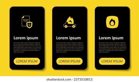 Fijar llama de fuego, Quemar auto y Contratar con escudo. Plantilla de infografía empresarial. Vector