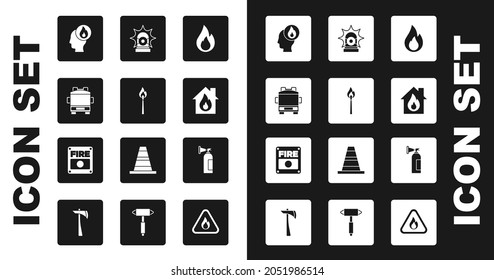 Set Fire Flame, Burning Match With Fire, Truck, Firefighter, Burning House, Flasher Siren, Extinguisher And Alarm System Icon. Vector