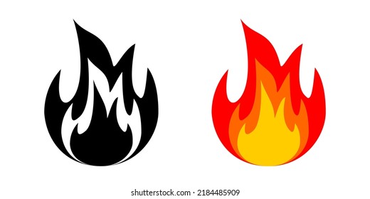 Set fire flame color and monochrome on white background flat vector icon design.