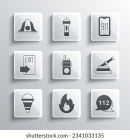 Set Fire flame, Emergency call, hose reel, Walkie talkie, cone bucket, exit, Firefighter helmet and Mobile emergency 911 icon. Vector