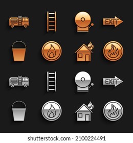 Set Fire flame, exit, in burning house, bucket, Ringing alarm bell, truck and escape icon. Vector