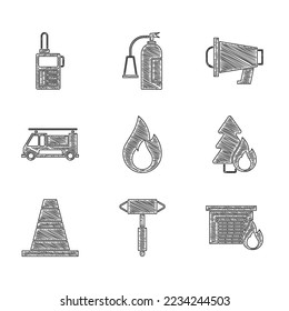 Set Fire flame, Firefighter axe, in burning garage, Burning forest tree, Traffic cone, truck, Megaphone and Walkie talkie icon. Vector